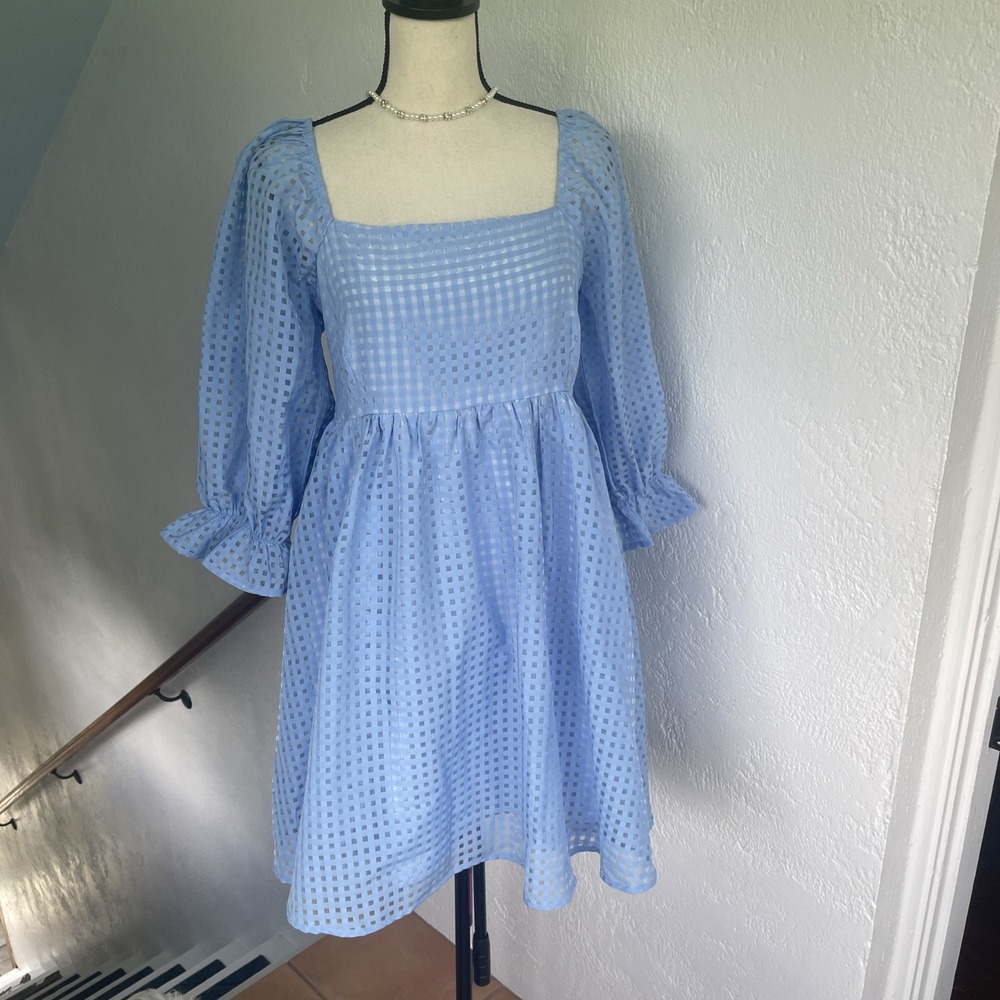 Entro USA Puff Sleeve Checkered Pattern Sheer White Women White Dress Size L New